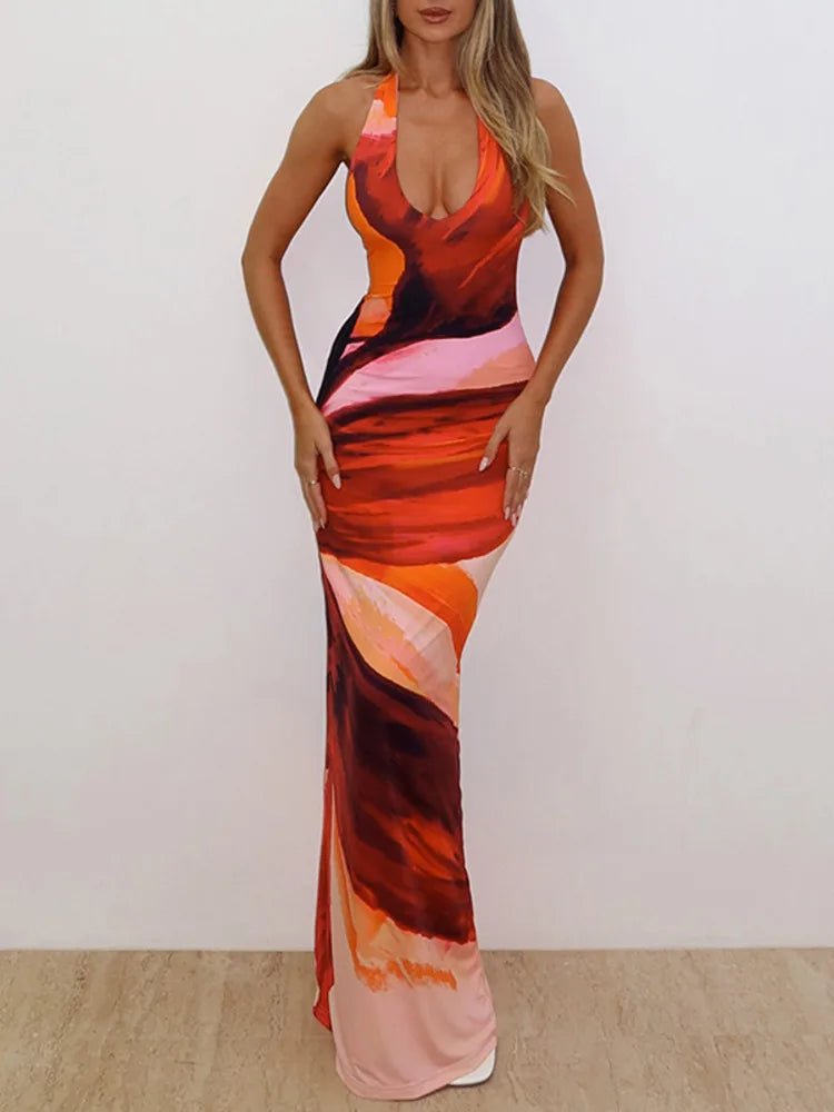 שמלת מקסי בהדפס צבעוני קשירה בצוואר גב פתוח - חוליה