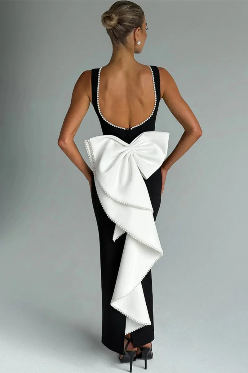 שמלת מקסי בעיצוב אלגנטי יוקרתי בעיטור פפיון ופנינים גב פתוח - קריסטין