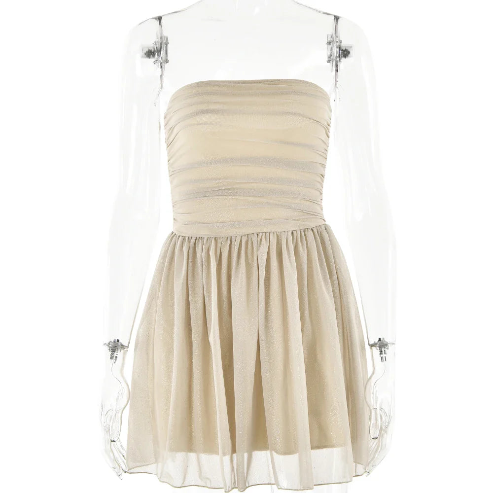 שמלת מיני סטרפלס נצנצים בעיטור קשירה מאחורה - דיימונד