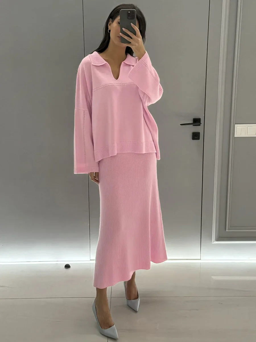 חליפת שני חלקים loose סרוגה חצאית מקסי וחולצה - שילב