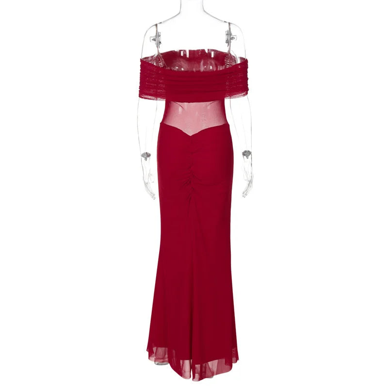 שמלת מקסי כיווצים כתפיים חשופות בעיצוב רשת - רונה