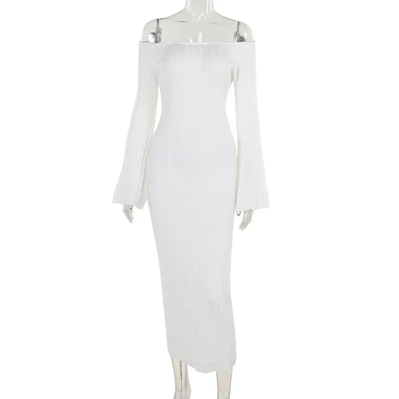 שמלת מקסי סרוגה כתפיים חשופות שרוולי פעמון - סאלין