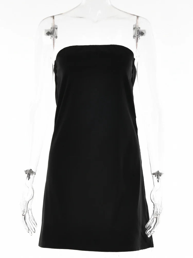 שמלת מיני סטרפלס סאטן - סקיי