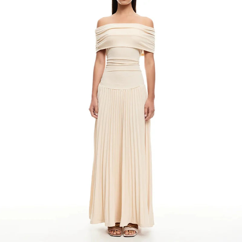 שמלת מקסי סרוגה כיווצים אלגנטית כתפיים חשופות - אלינור