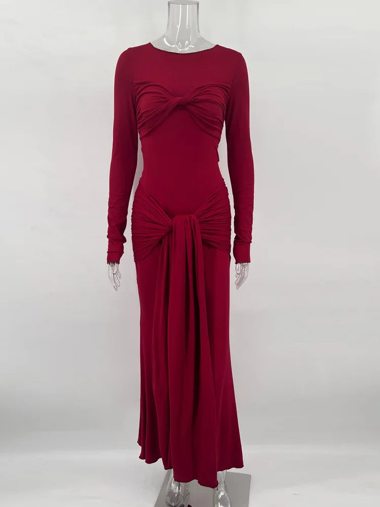 שמלת מקסי צנועה בעיצוב כיווצים וקשירה - נאהב