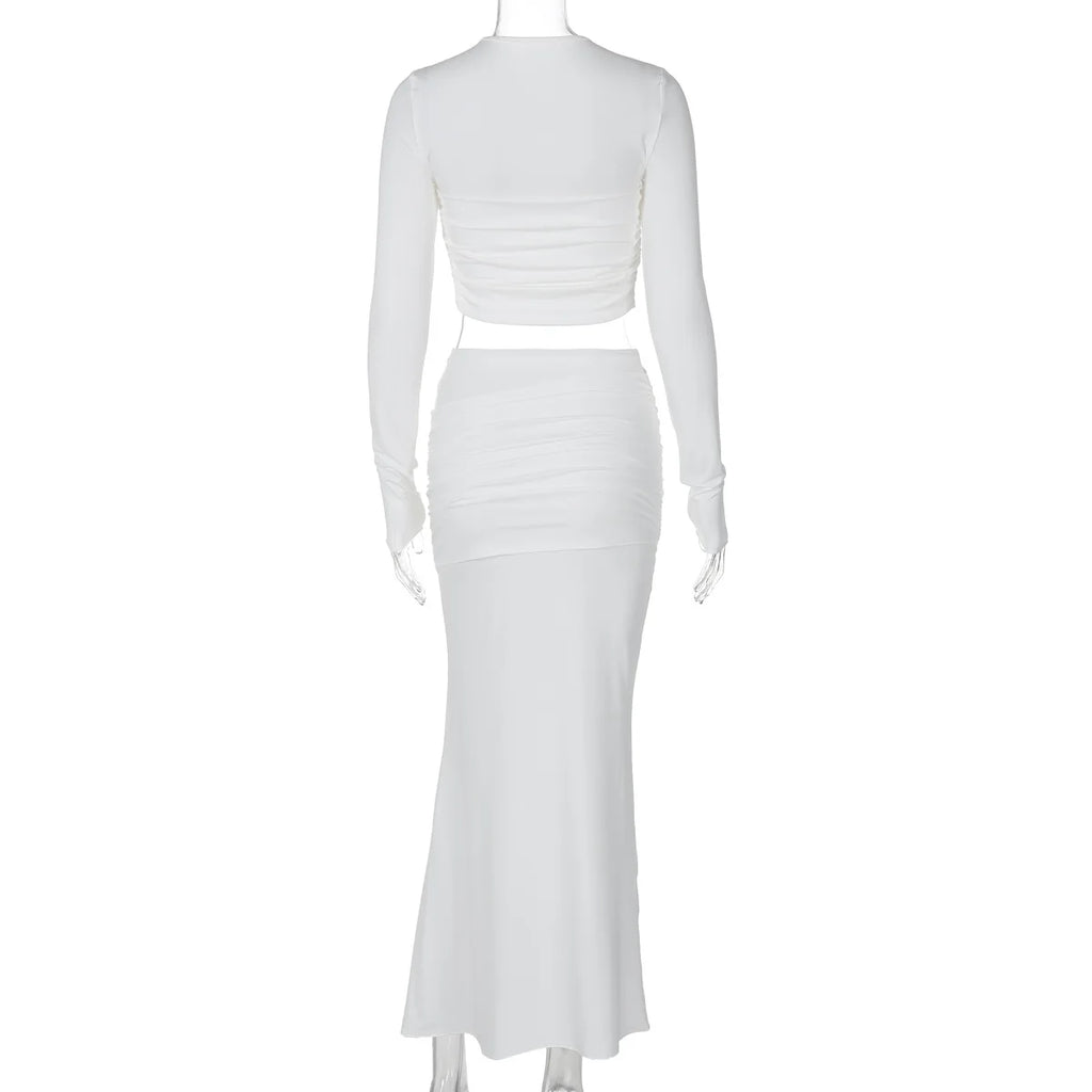 סט שני חלקים בעיצוב כיווצים חולצת טופ וחצאית מקסי - יהל