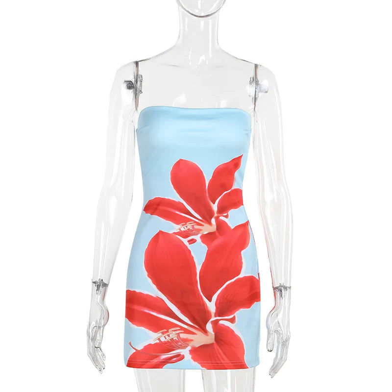 שמלת מיני סטרפלס בעיטור הדפס פרחים - שי לי