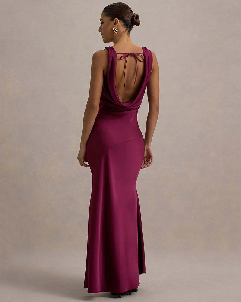 שמלת מקסי סאטן בעיצוב צווארון נופל וגב פתוח - אלקסיס