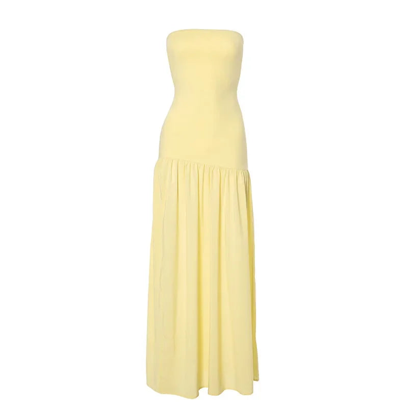 שמלת מקסי סטרפלס בעיצוב שיפון בעיטור שסע - פיה