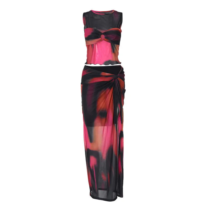 Two-piece set of mesh fabric with tie-dye design, top and maxi skirt with slit decoration - Florence