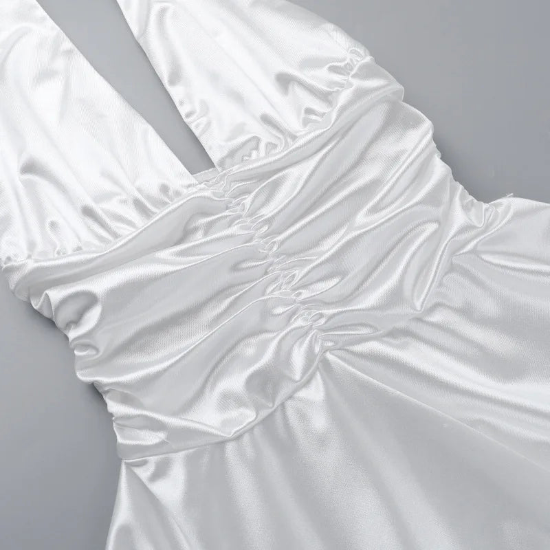 שמלת מיני סאטן בעצוב כיווצים קשירה בכתפיות - Celia