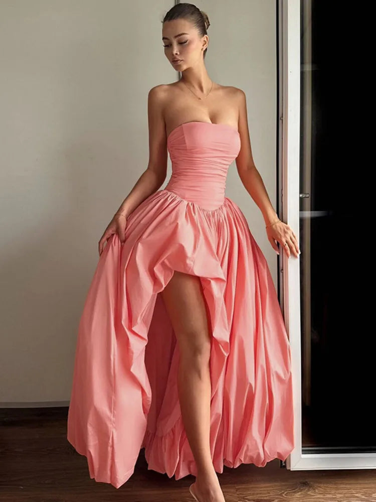 שמלת מקסי סטרפלס בלון בעיצוב שסע - אוקיאנה