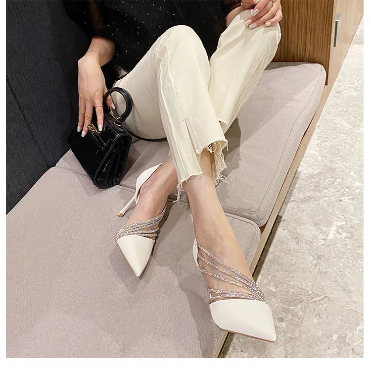 Suede Fabric Pointed Heel Shoes with Sparkling Sequin Design - Alior