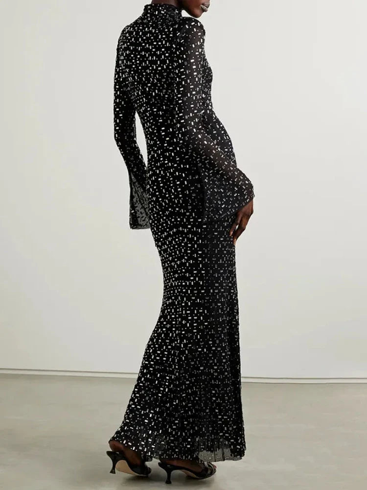 Luxurious maxi evening dress with sparkling diamond embellishment and turtleneck - Emerson