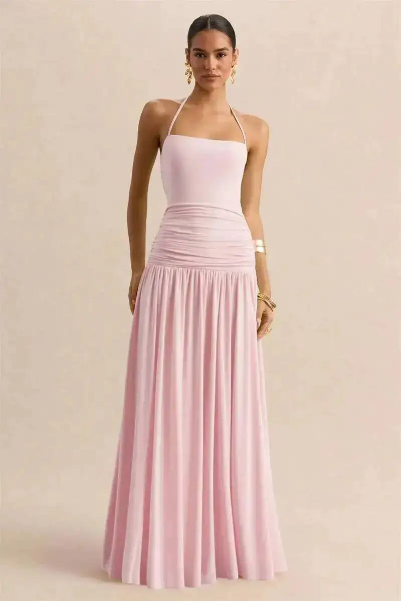 Pleated maxi dress with a neck tie and open back - Tuval