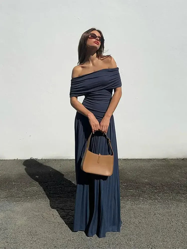 שמלת מקסי סרוגה כיווצים אלגנטית כתפיים חשופות - אלינור