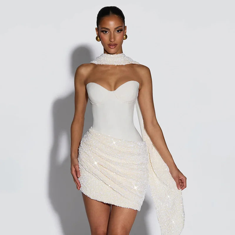 Sequin mini dress with scarf decoration - GIGI