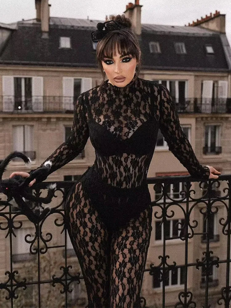 חליפת תחרה שני חלקים בגד גוף ומכנסיים ארוכים - מנור