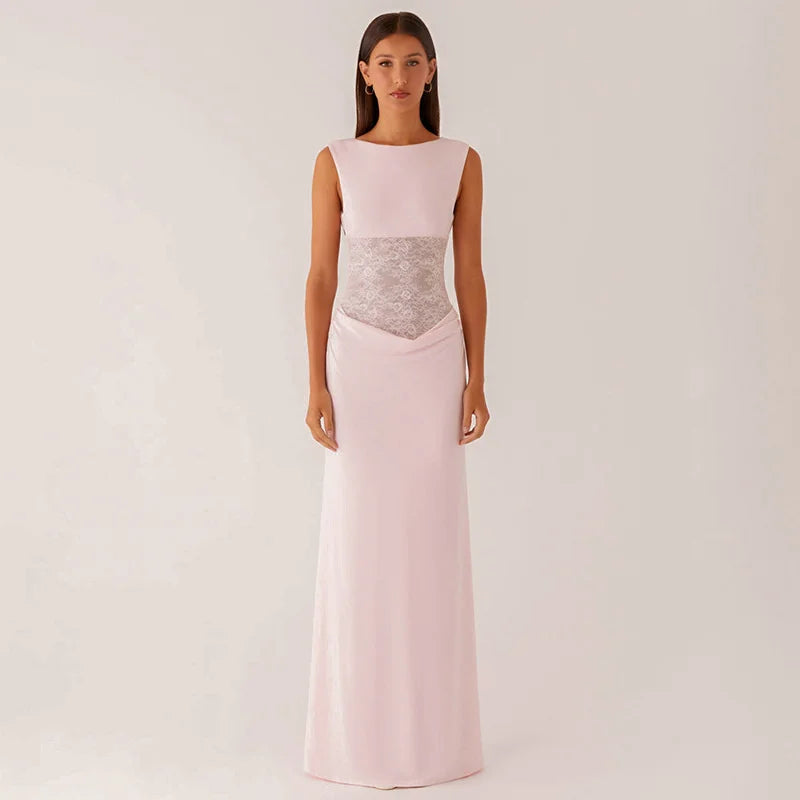 Maxi dress with lace design and open back pleats - Lilin