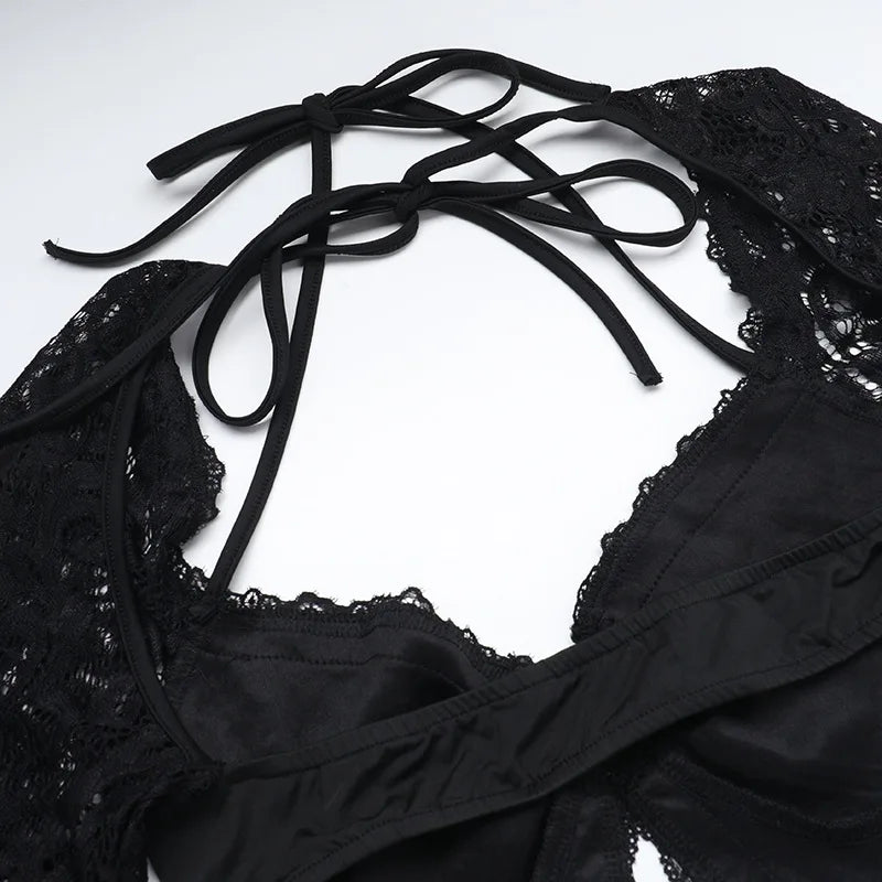 אוברול חלק עליון תחרה מכנס בד מחוטב בעיצוב גב פתוח - Viviana