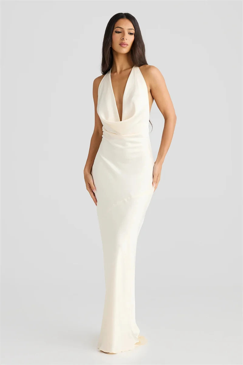 שמלת מקסי סאטן גב פתוח צווארון נופל - פאולה