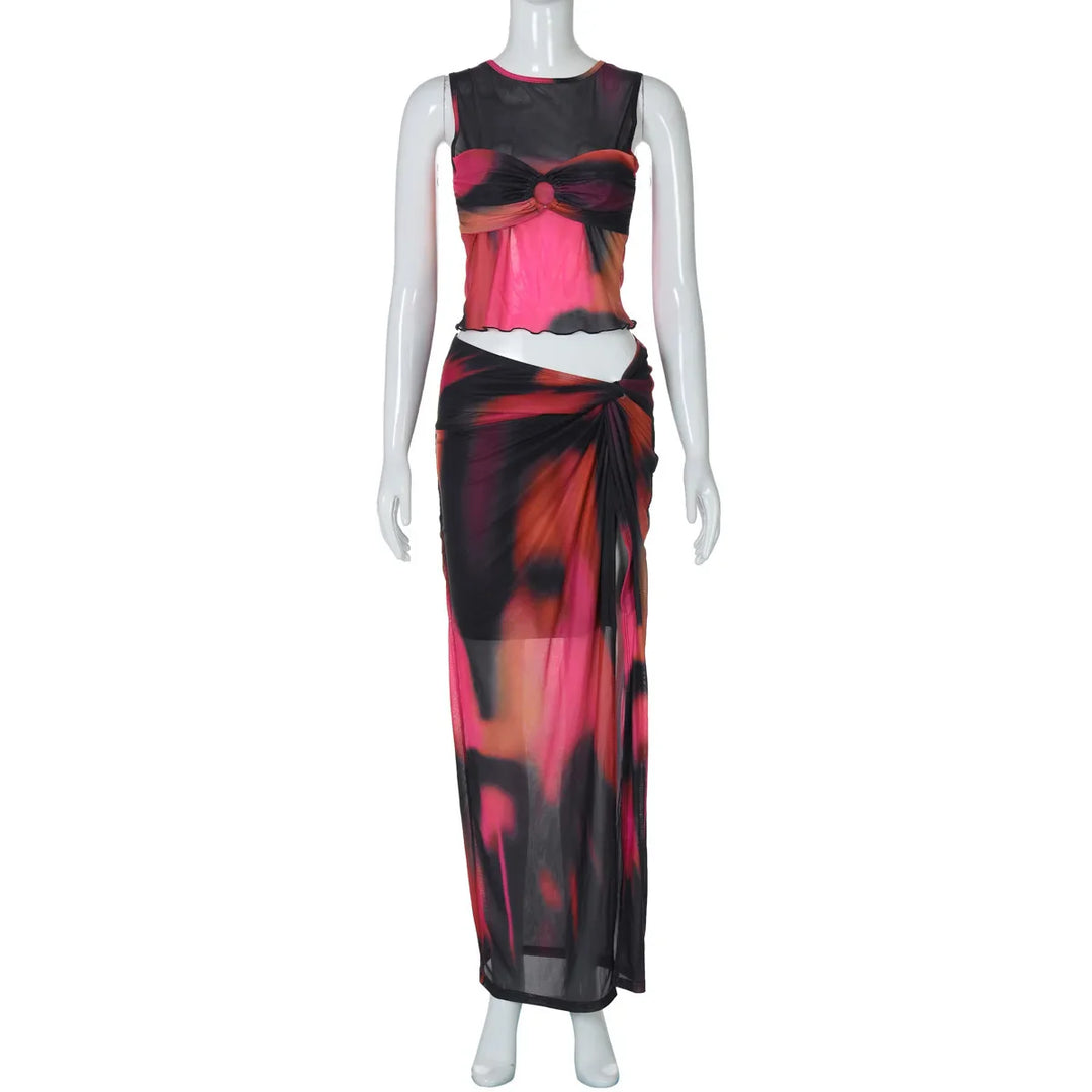 Two-piece set of mesh fabric with tie-dye design, top and maxi skirt with slit decoration - Florence