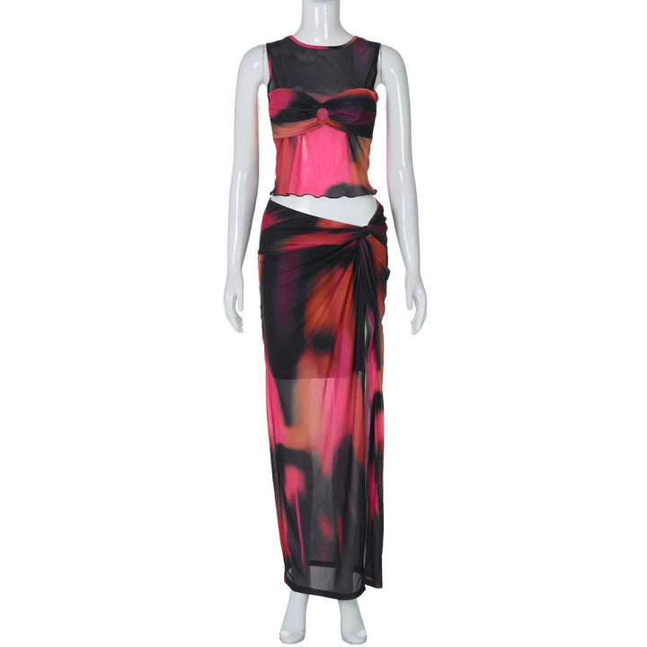 Two-piece set of mesh fabric with tie-dye design, top and maxi skirt with slit decoration - Florence