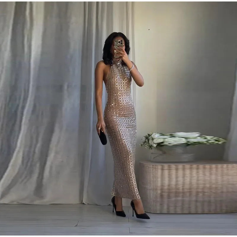 Strapless top/mini skirt/maxi dress/maxi dress with sparkling rhinestones