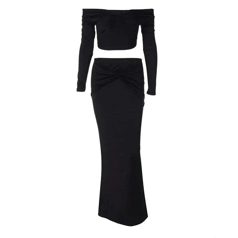 סט שני חלקים בעיצוב כיווצים חצאית מקסי וטופ כתפיים חשופות - Kailani