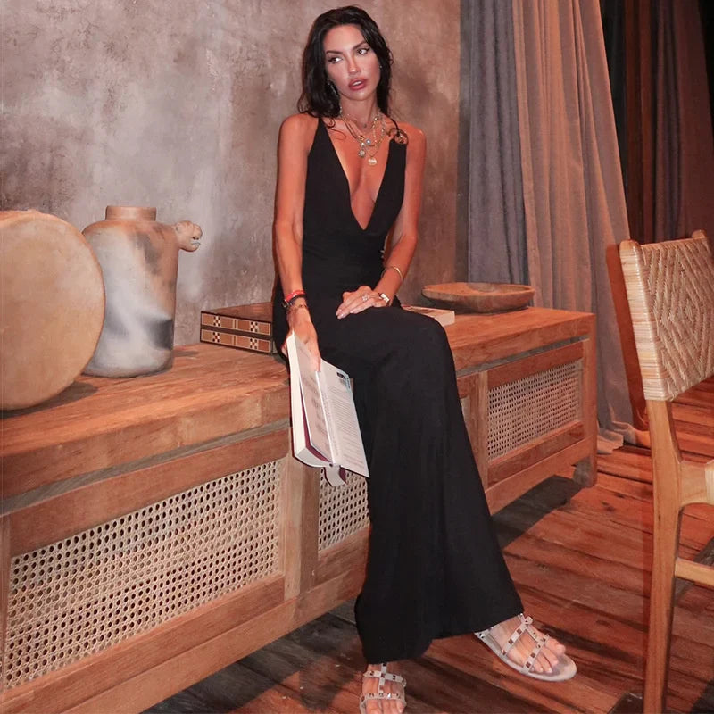 שמלת מקסי צווארון נופל גב פתוח בעיטור אבזמים - לוראל