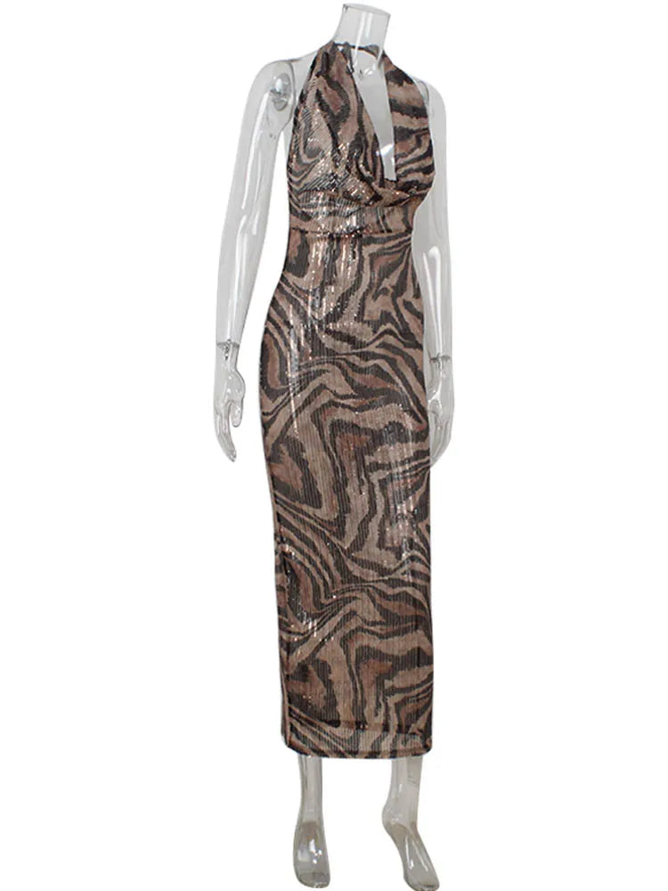 שמלת מקסי פייטים מנומרת צווארון נופל גב פתוח - Magnolia