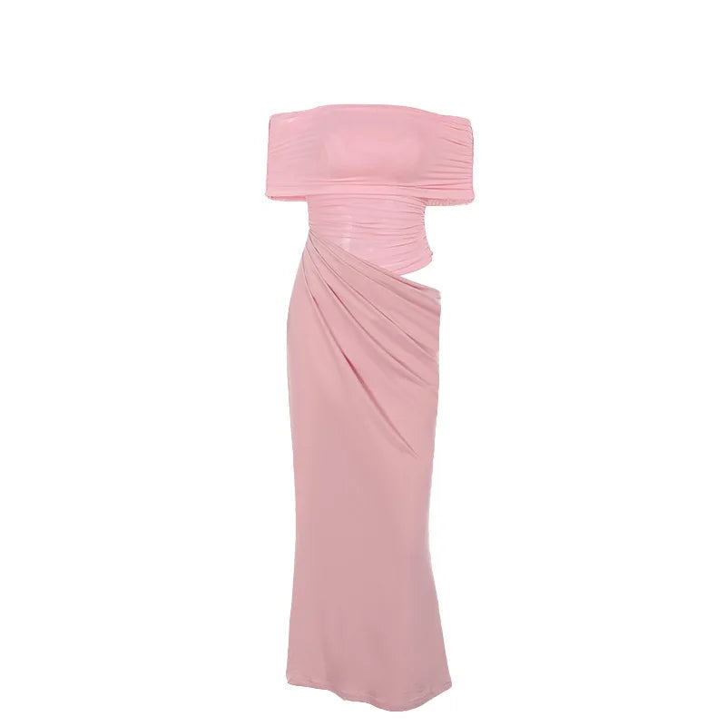 שמלת מקסי כיווצים בעיצוב רשת וכתפיים חשופות - קשת