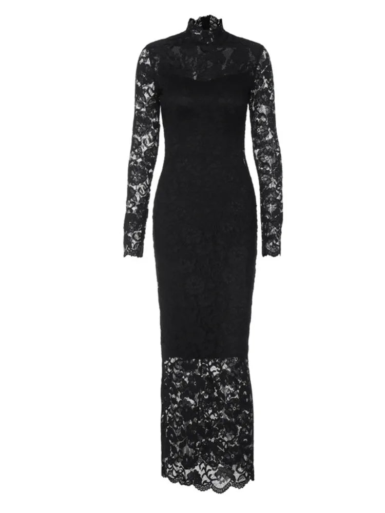 שמלת מקסי תחרה צווארון חצי גולף בשילוב תחתית אטומה - Zahra