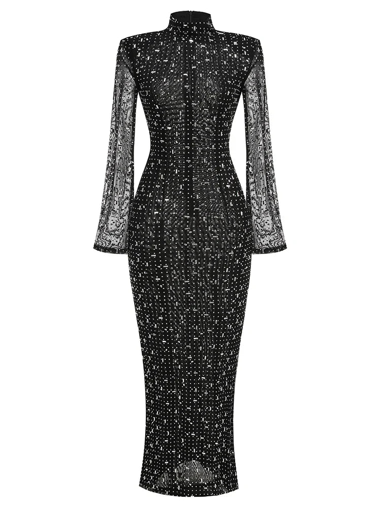 שמלת ערב מקסי יוקרתית בעיטור יהלומים מנצנצים צווארון גולף - Emerson