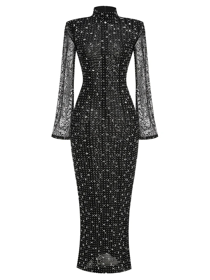 Luxurious maxi evening dress with sparkling diamond embellishment and turtleneck - Emerson