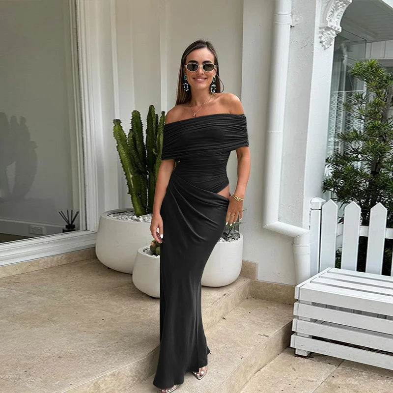 שמלת מקסי כיווצים בעיצוב רשת וכתפיים חשופות - קשת