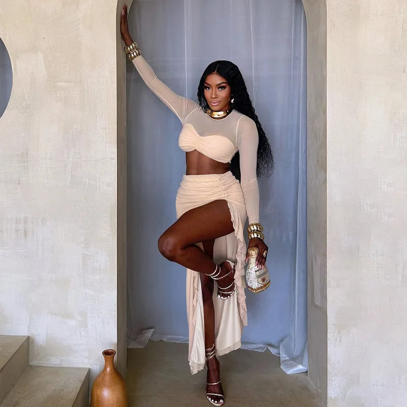 סט שני חלקים בעיצוב כיווצים טופ וחצאית מקסי מלמלה בעיטור שסע - Fernanda