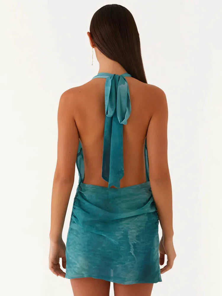 שמלת מיני קשירה בצוואר גב פתוח בעיטור צדפה - מייז