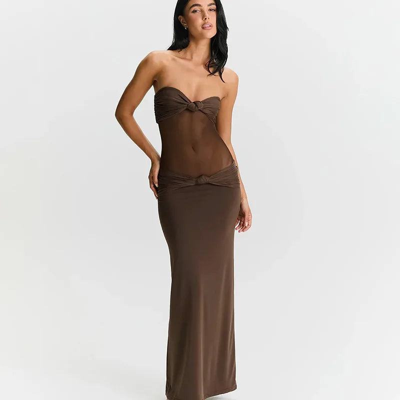 שמלת מקסי כתפיות נשלפות בעיצוב כיווצים ורשת - Blair