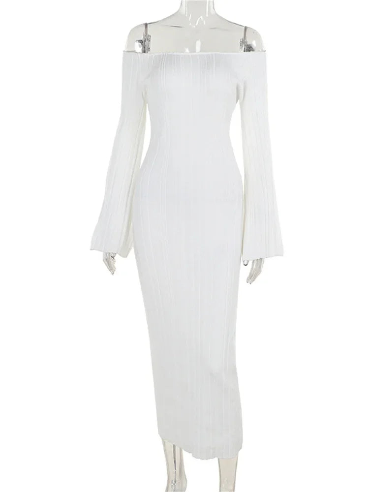 שמלת מקסי סרוגה כתפיים חשופות שרוולי פעמון - סאלין