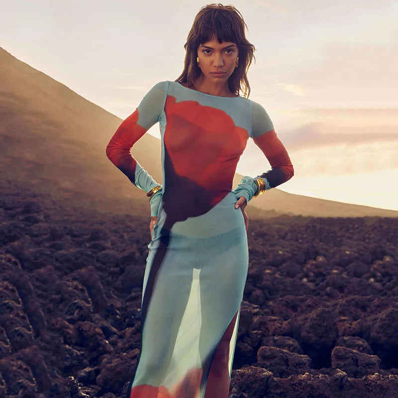 שמלת מקסי חצי שקפה שסע עמוק הדפס פרח - דאליה