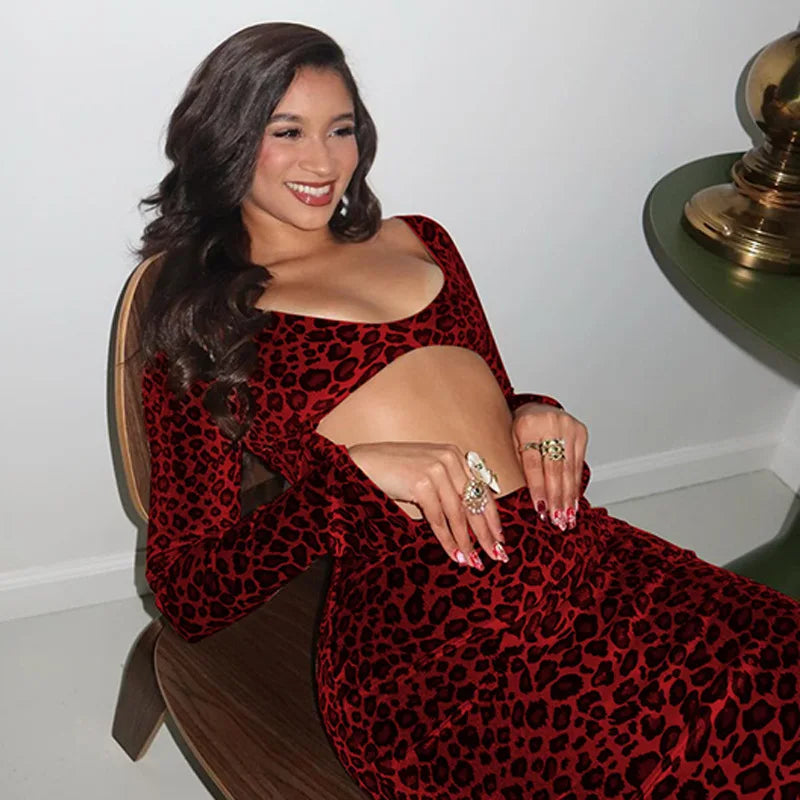 שמלת מקסי קטיפה מנומרת בטן חשופה - פומה