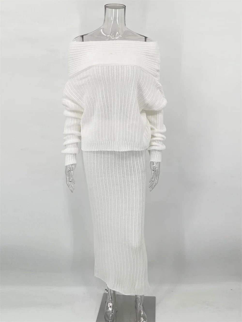 סט סריג שני חלקים חולצת כתפיים חשופות וחצאית מקסי - אילונה