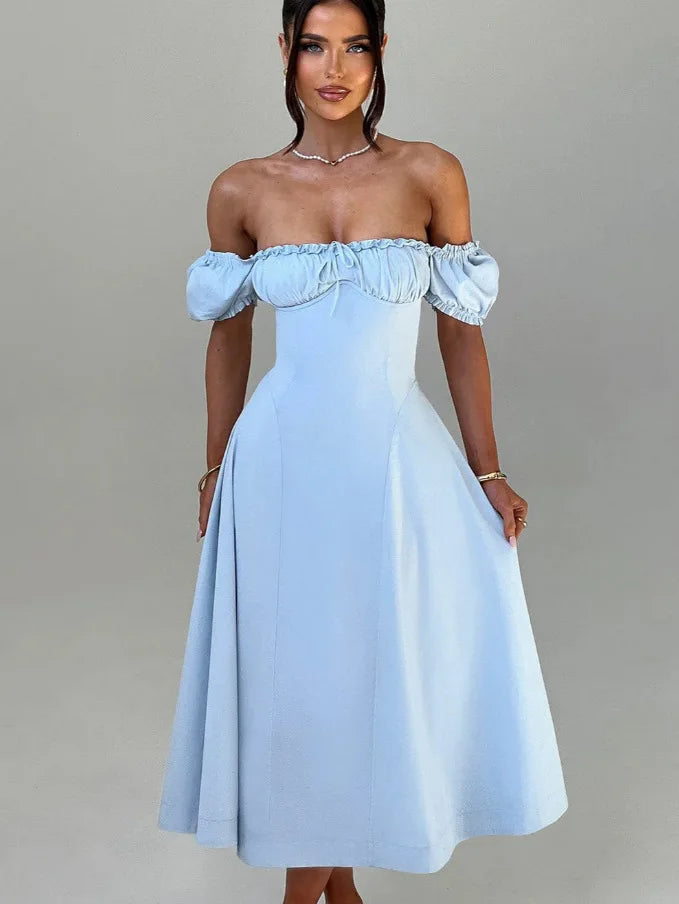 שמלת מקסי בגזרת A בעיצוב כתפיים חשופות שרוולים נפוחים - ג'ינה