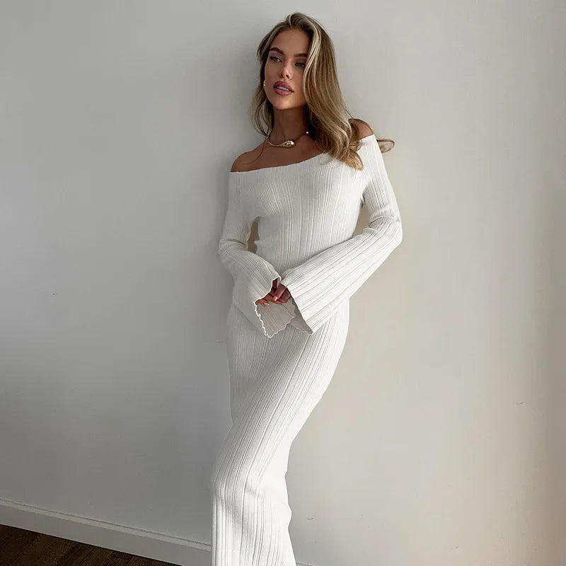 שמלת מקסי סרוגה כתפיים חשופות שרוולי פעמון - סאלין