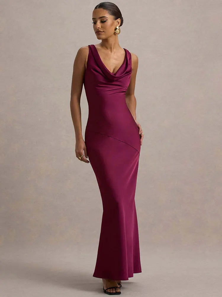 שמלת מקסי סאטן בעיצוב צווארון נופל וגב פתוח - אלקסיס