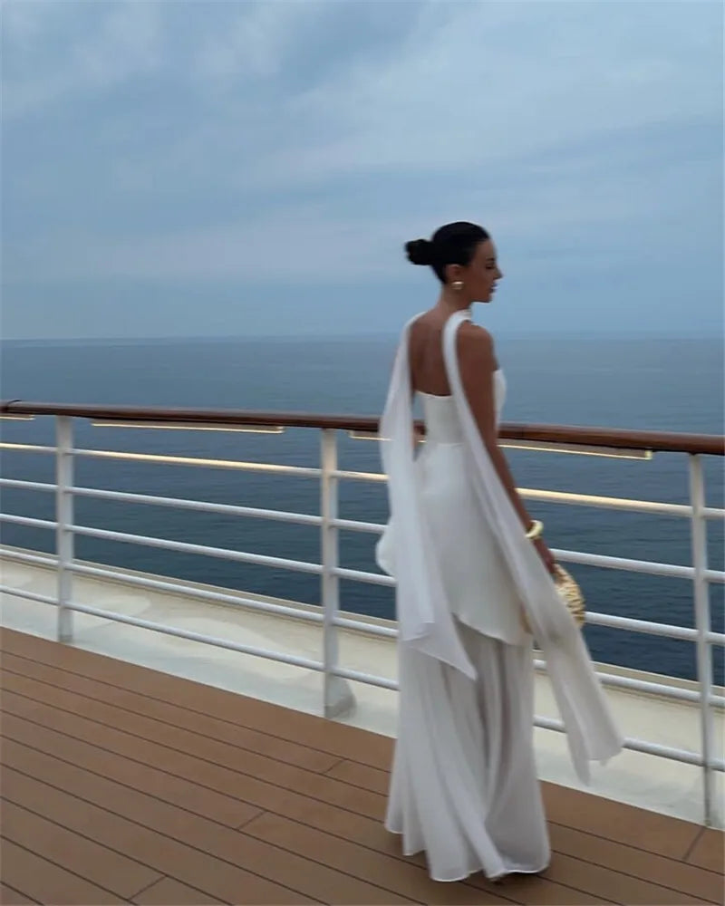 שמלת מקסי סטרפלס חלק תחתון שיפון בעיצוב שסע בעיטור צעיף תואם - Princess