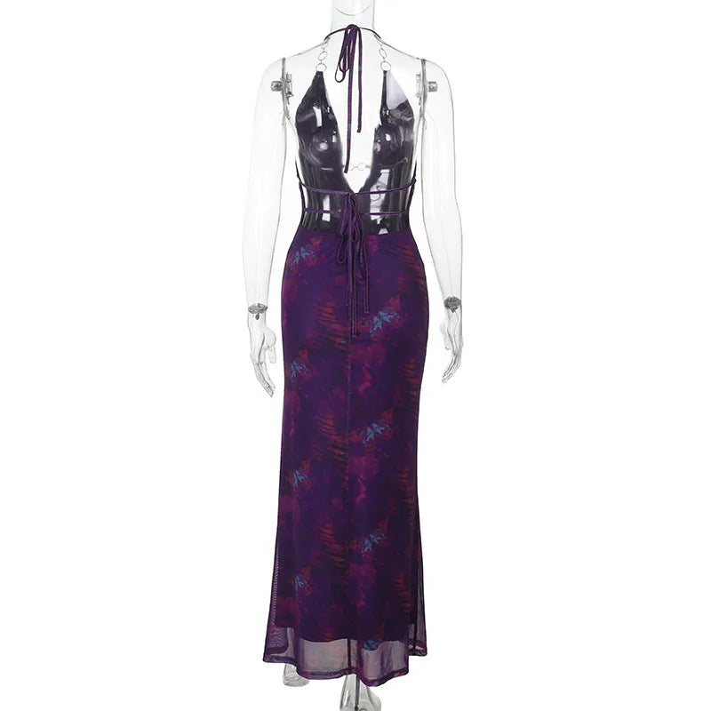 שמלת מקסי רשת קיצית קשירה בצוואר בעיטור חישוקי אבזם - אמאיה