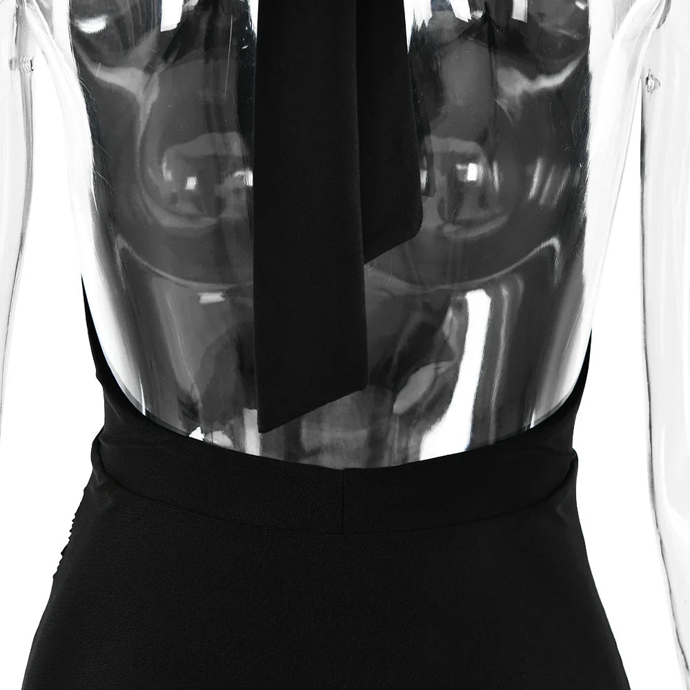 שמלת מקסי סאטן אלגנטית מחשוף עמוק קשירה בצוואר גב פתוח - SUN