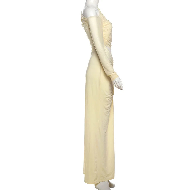 שמלת מקסי כיווצים בעיצוב פתח ושרוולי רשת כתפיים חשופות - אורה